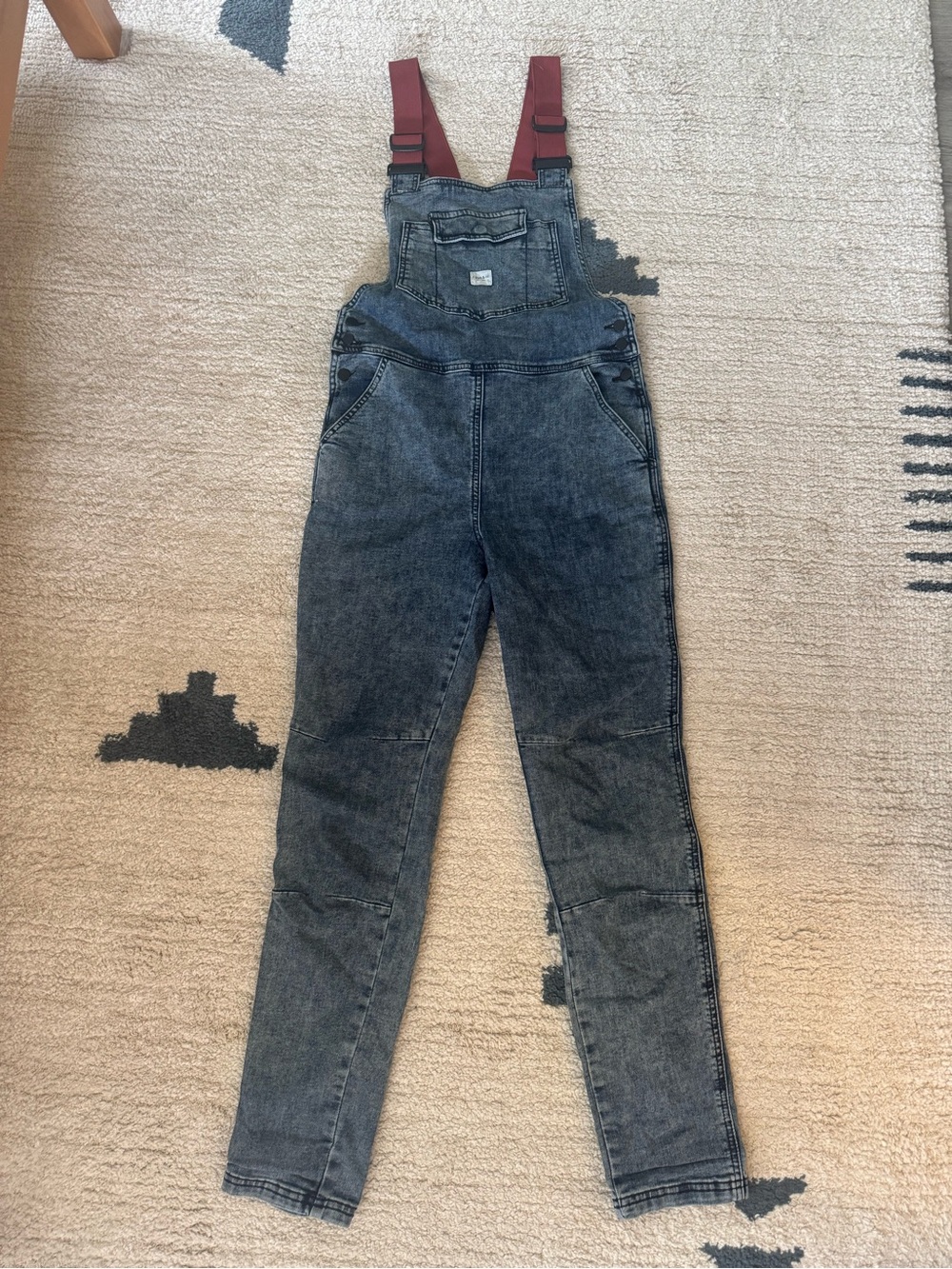Washed Black Denim Overalls with Burgundy Adjustable Straps